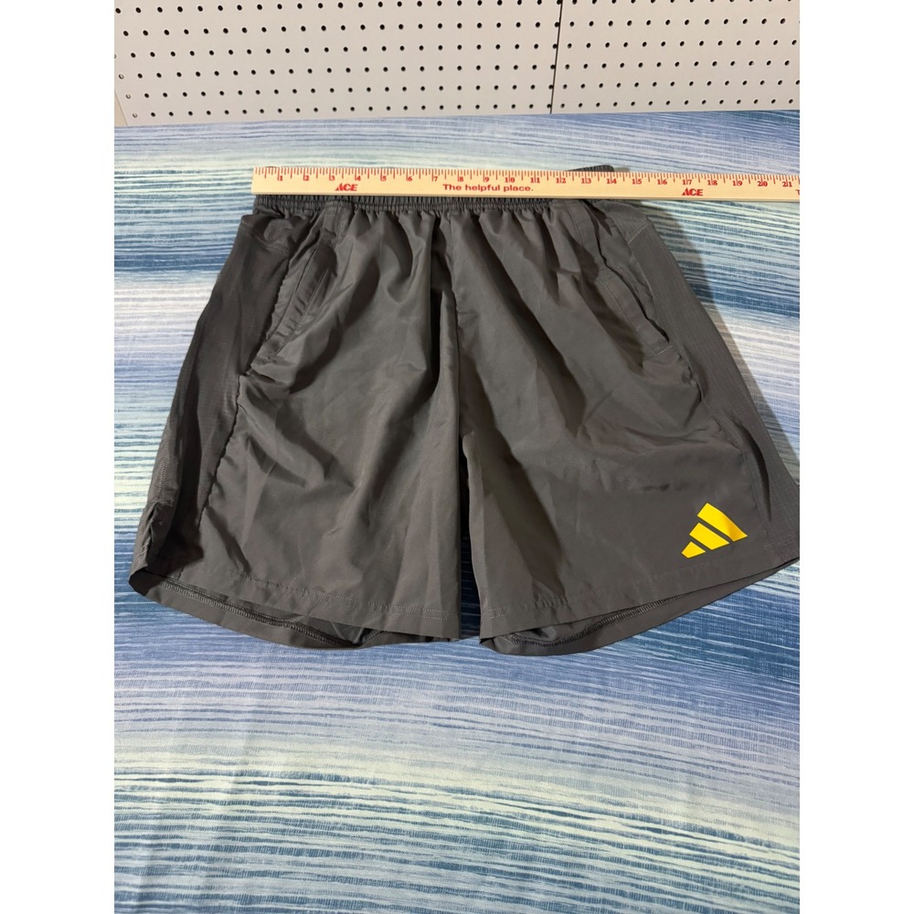 Adidas Mens Athletic Shorts Dark Gray Yellow Logo Elastic Waist Pockets Gym L - Picture 2 of 4